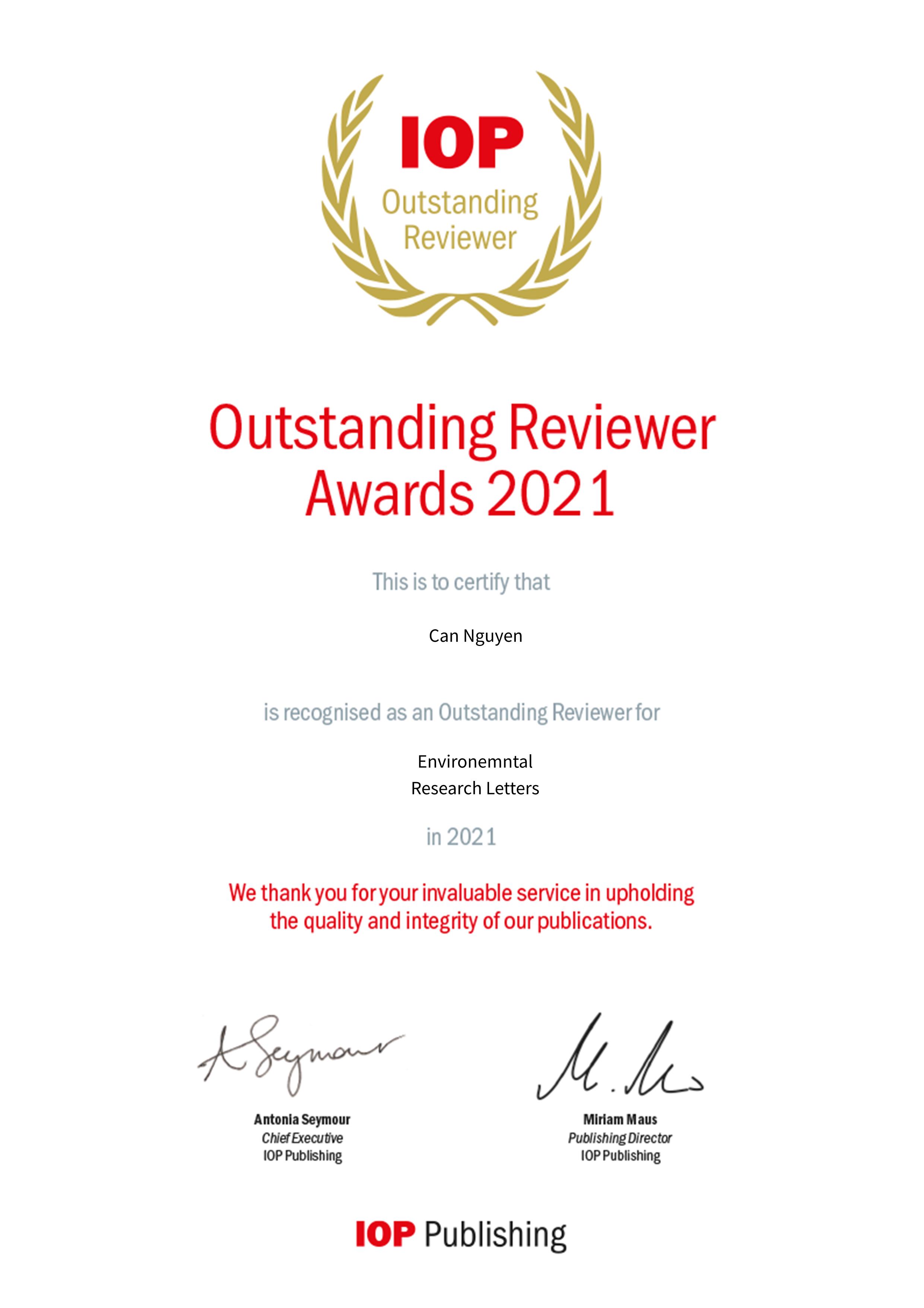 2021 Outstanding Reviewer Awards
